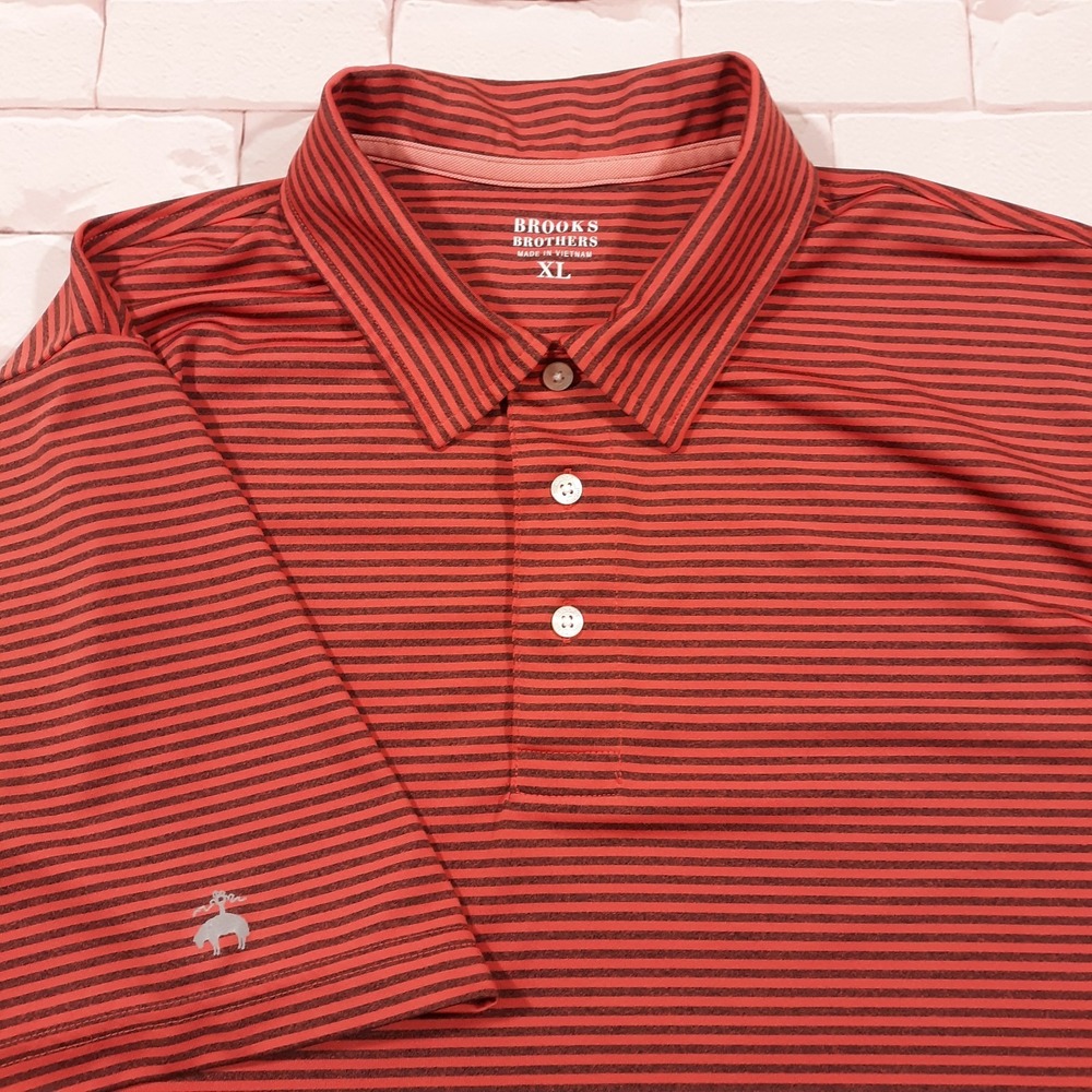 Brooks Brothers Polo Shirt Mens Size XL Orange Striped Performance Golf